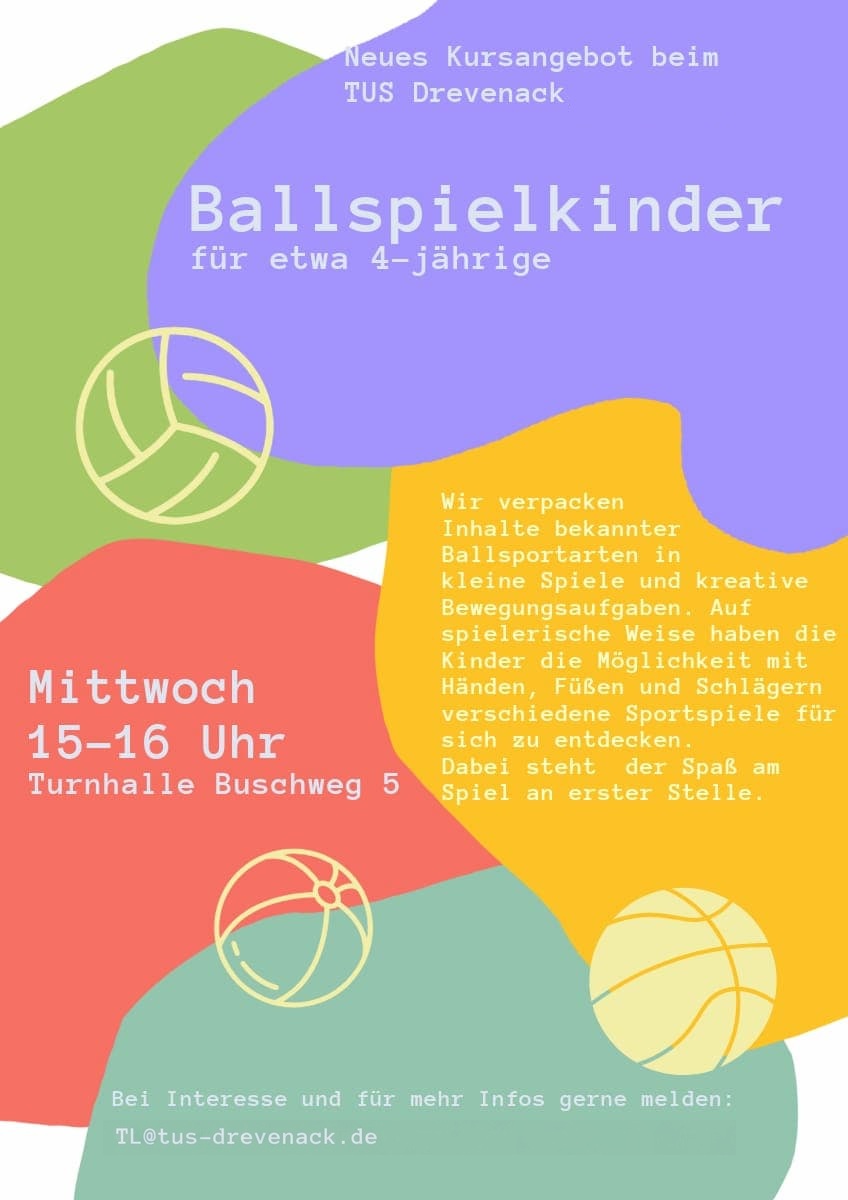 Kindersport 9 Kinder-Ballsportangebot beim TuS Drevenack ab dem 12. März 2025 für Spaß und Bewegung.